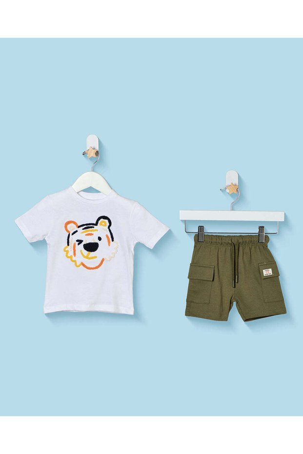 Infant Boys Cream Tiger T-Shirt And White Shorts Set