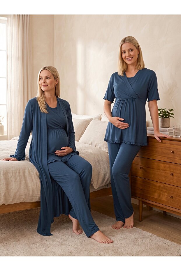 New Season Navy Blue Double-Breasted Collar Design Short Sleeve Flounce 100% Cotton Maternity Long Dressing Gown Pajama Set