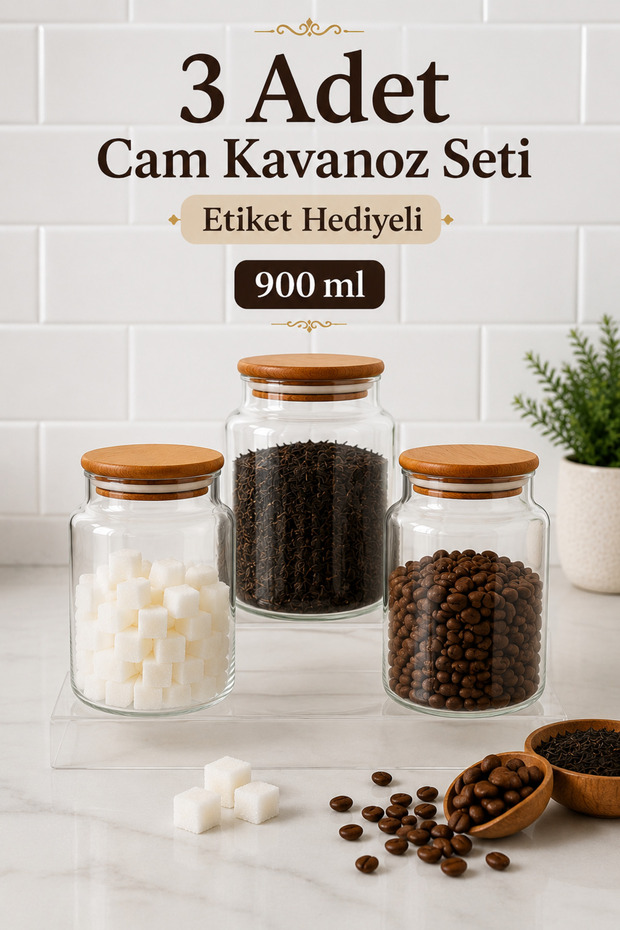 3-Piece 900 ml Glass Storage Jar with Wooden Lid – Coffee, Sugar, Tea, Spice Storage Container with Label
