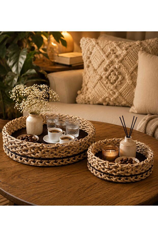 Wicker Woven Bohemian Style Black Base Decorative Tray Set of 2