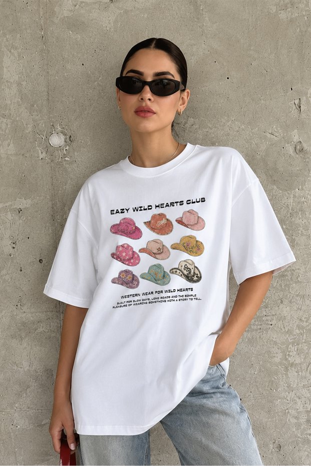 Eazy Unisex Oversize T-Shirt 100% Cotton White Wild Hearts Club Cowboy Printed T-Shirt