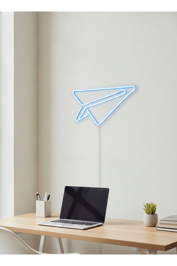 Kağıt Uçak Figürlü LED Neon Duvar Tablosu | Mavi Aydınlatmalı Modern Dekor | Genç Odası