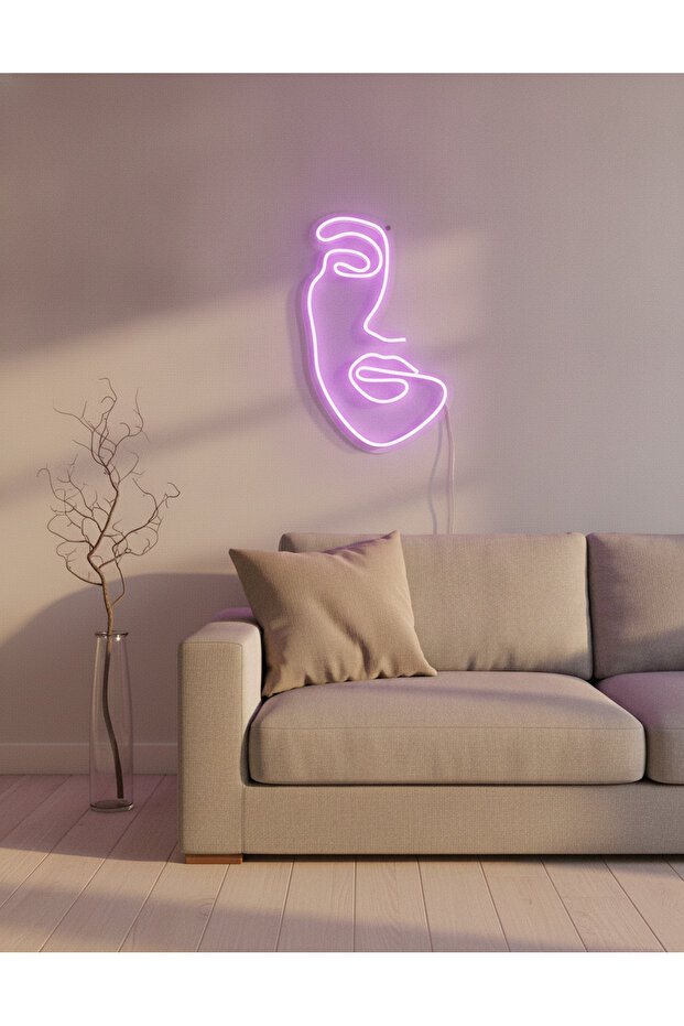 Soyut Yüz Figürlü LED Neon Duvar Tablosu | Mor Aydınlatmalı Modern Dekor | Salon - 1