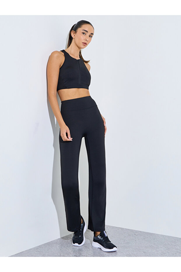 Black Half Front Zip Up Racerback Sport Bra And Broad Waist Flared Pants Set