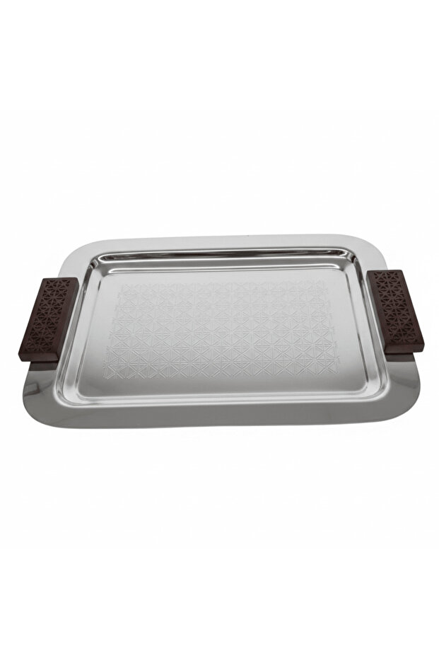 Luhpar Rectangle Stainless Steel Serving Tray with Wooden Handles - 38×28 cm
