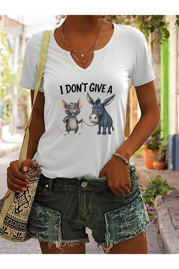 Women's Printed Half V-Neck Sleeves Regular Fit Casual T-Shirt