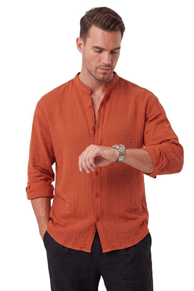Tile 97% Cotton Muslin Fabric Breathable Summer High Collar Relaxed Fit Men's Shirt 2602620