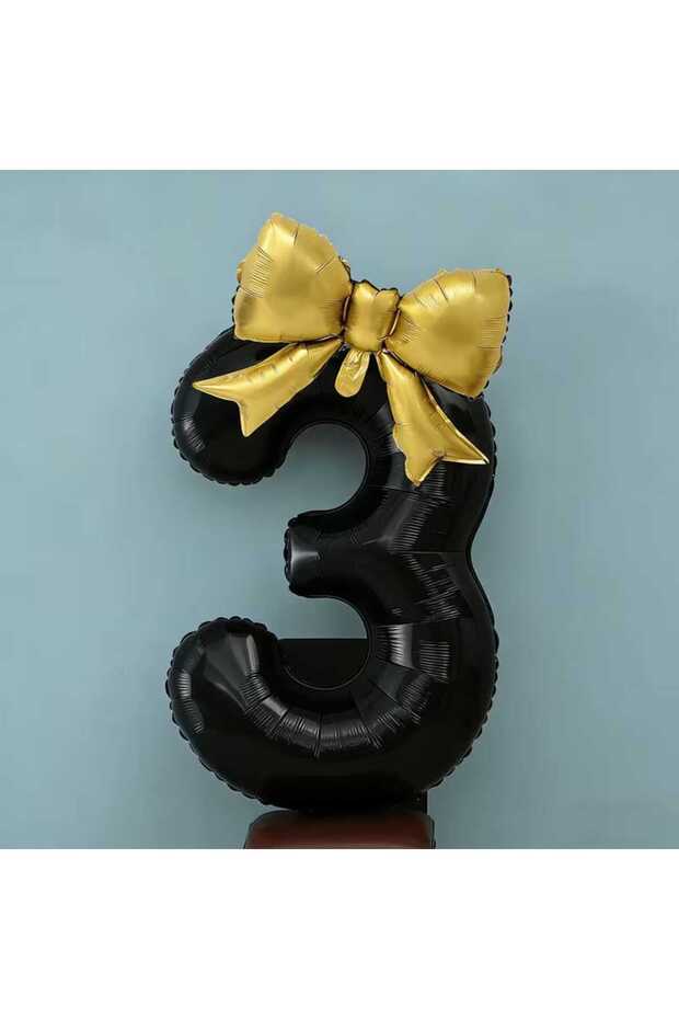 Gold Bow Black Number Foil Balloon Set