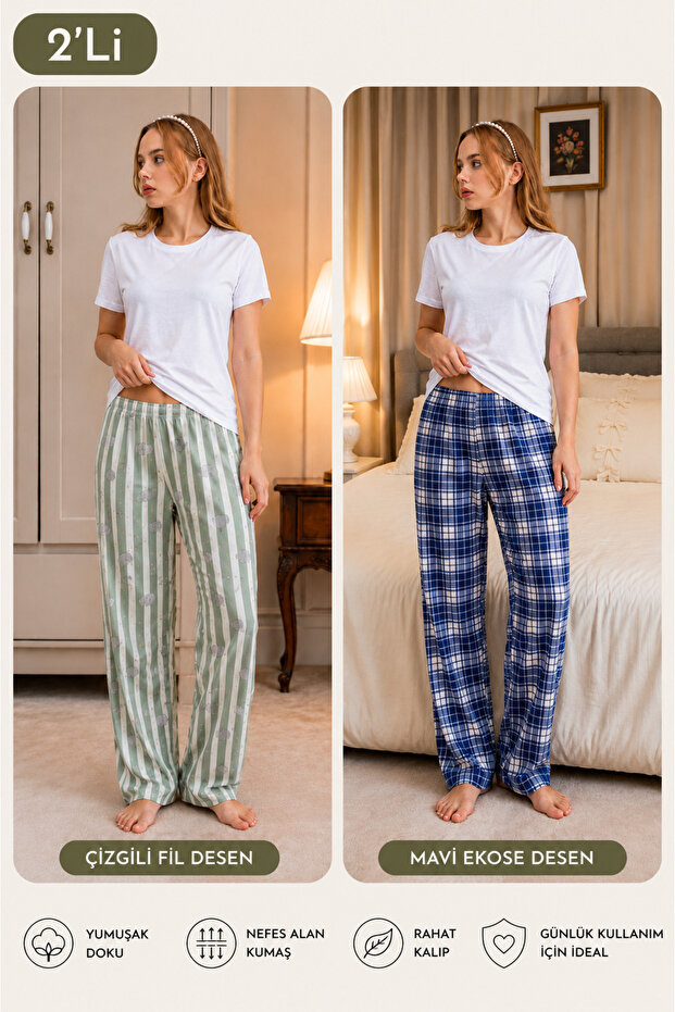 2-Piece Women's 100% Cotton Combed Single Jersey Women's Pajama Bottoms Set of Two