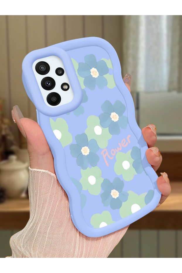 Samsung Galaxy A23 Compatible Case Camera Protector Blue Silicone Couple Phone Case Floral Pattern