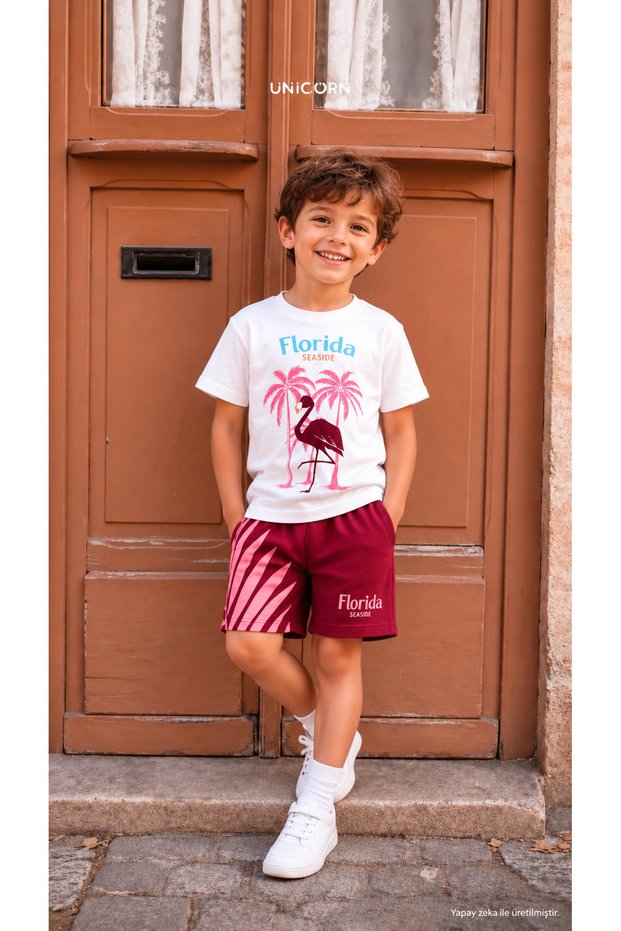Boy's Flamingo Detailed T-Shirt Shorts Children's Top and Bottom Set 2-8 Years