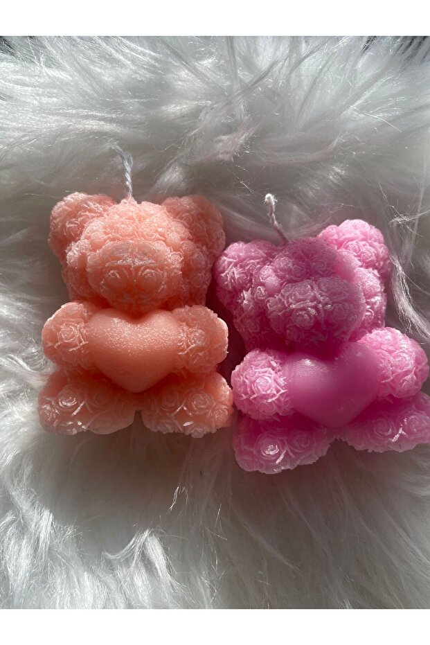 Handmade Rose Teddy Bear Candle Set - Cute Flower Bear Holding Heart Decorative Wax Gift