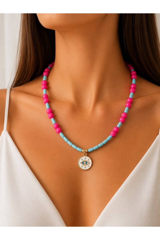 Colorful Beaded Evil Eye Medallion Women's Necklace – Fuchsia & Turquoise Handmade Design Necklace