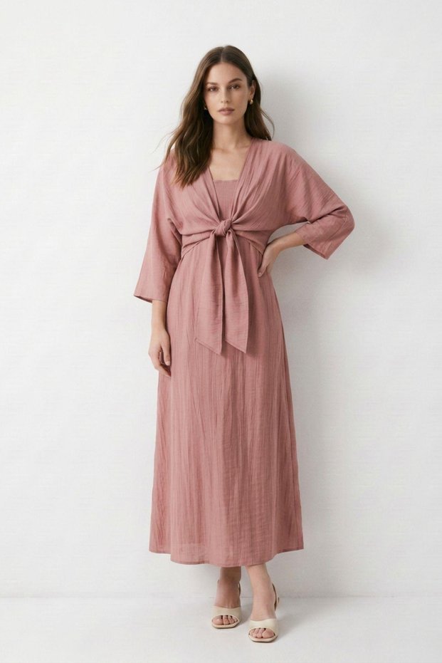 Powder Color Tie-Dye Detailed Bolero and Maxi Dress Set 7130