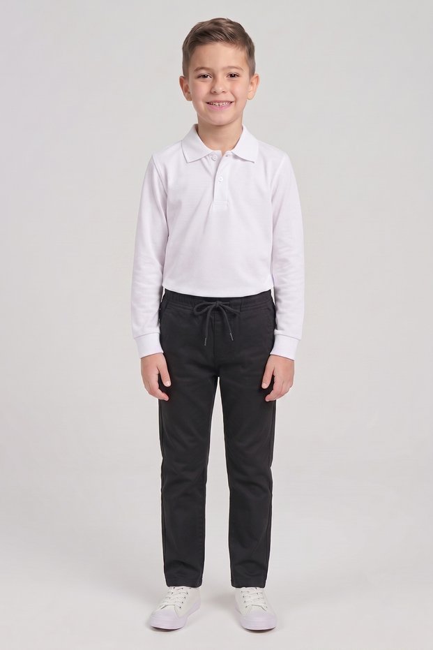 Boys' White Long Sleeve Polo Collar T-Shirt Black Ribbed Waist Canvas School Pants Bottom Top Set School Outfit