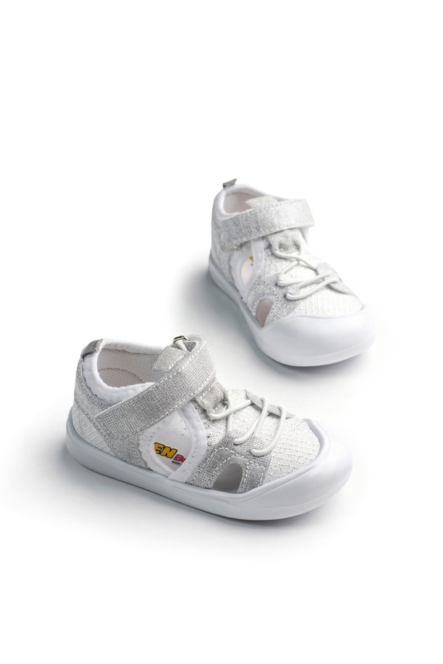 Girl's White Silver Glittery Velcro First Step Shoes
