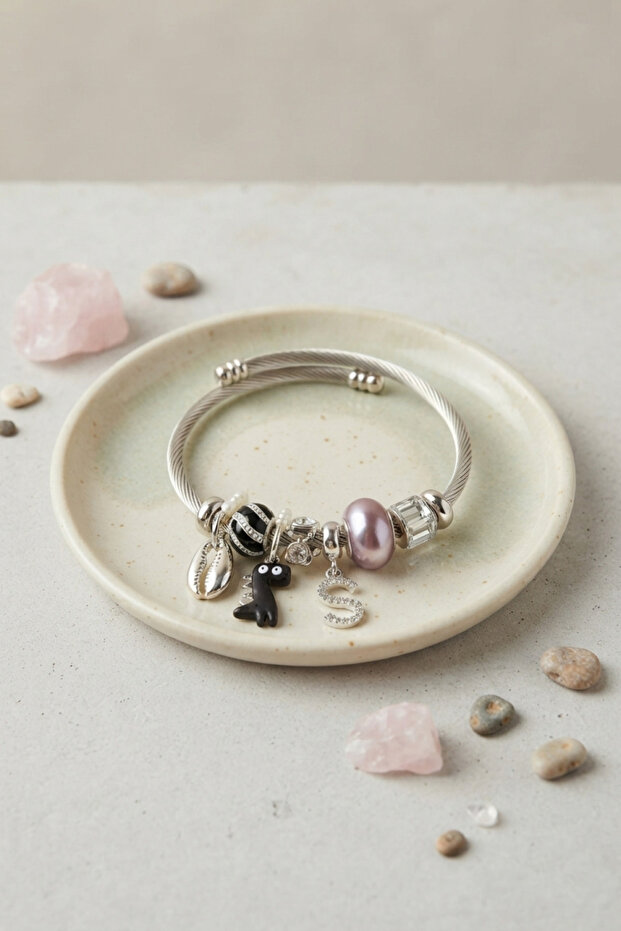 Silver Color Bracelet with Black Dinosaur Model Charm