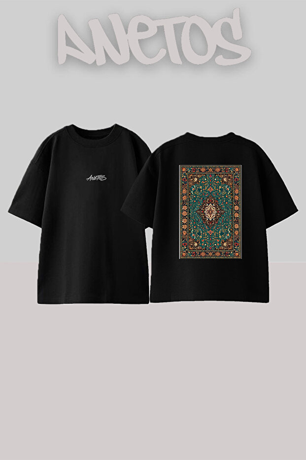 Persian Carpet_18 Design Back Printed Cotton Black Oversize T-Shirt