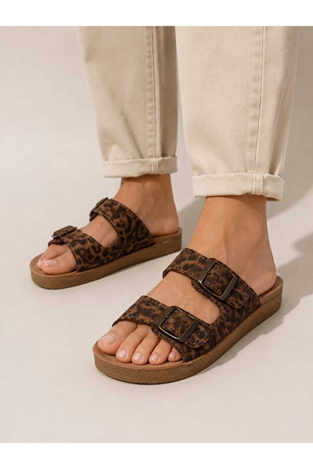 Leopard Patterned Adjustable Double Buckle Anatomical Sole Women's Home and Street Slippers