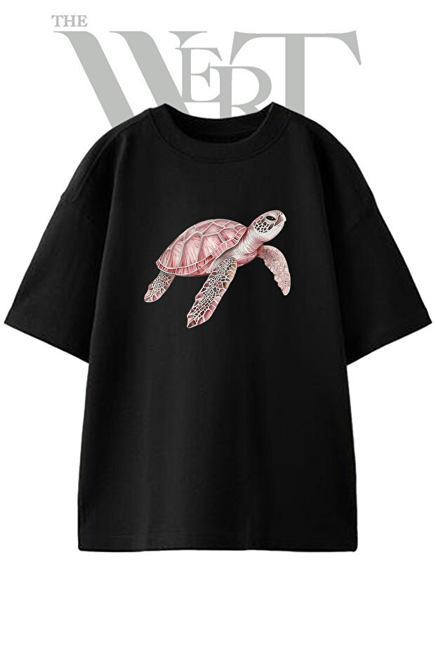 Sea Turtle Design Printed Unisex Black Oversize T-Shirt