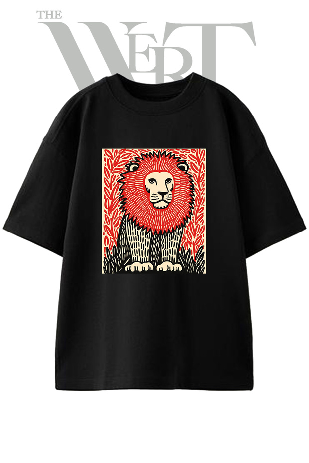 Woodcut Lion Design Printed Unisex Black Oversize T-Shirt