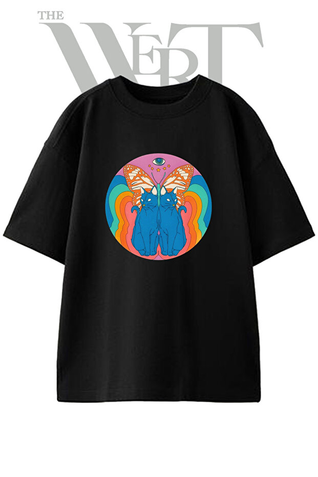 Cat Butterfly Design Printed Unisex Black Oversize T-Shirt