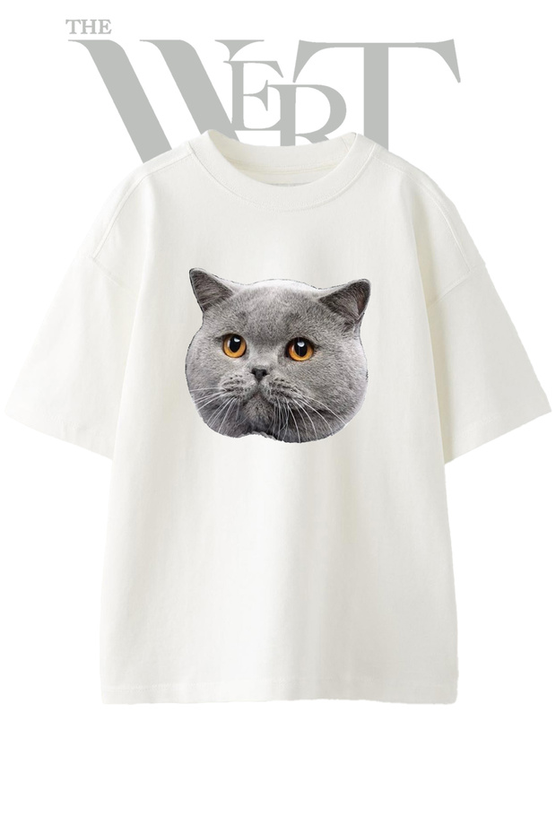 British Cat Design Printed Unisex White Oversize T-Shirt