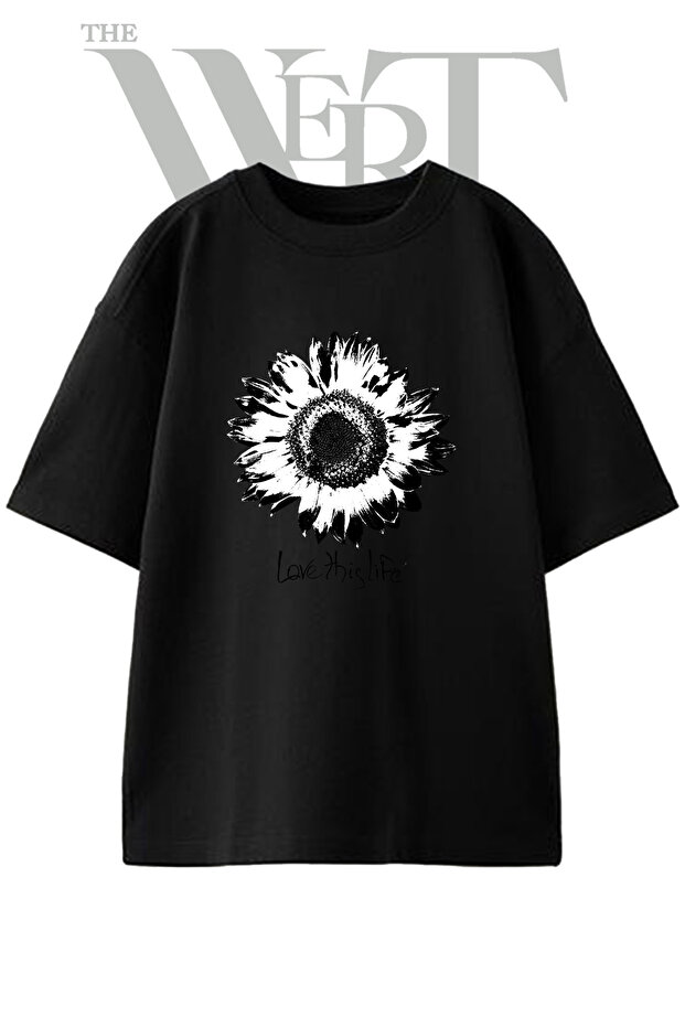 Black White Sunflower Design Printed Unisex Black Oversize T-Shirt