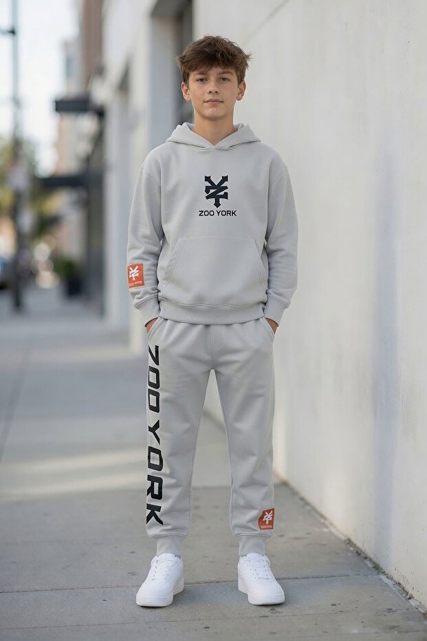 Gray Zoo York Printed Boys' Hooded Tracksuit Set 24603