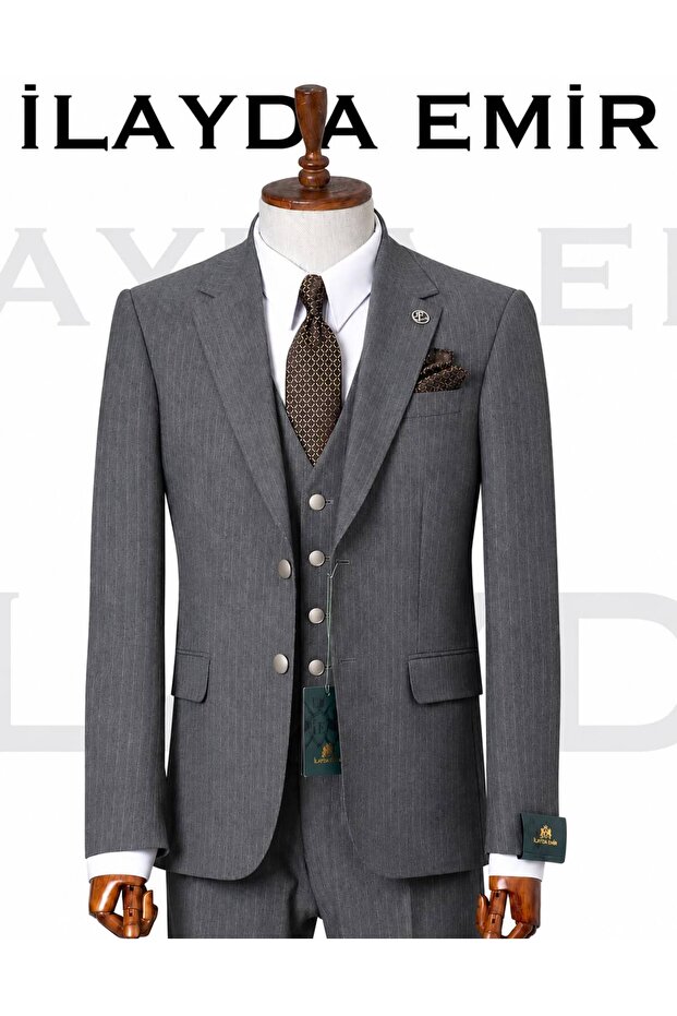 Men's Grey Slim Fit Vest Suit Striped Classic 3 Piece 6 Drop Wedding Groom Suit