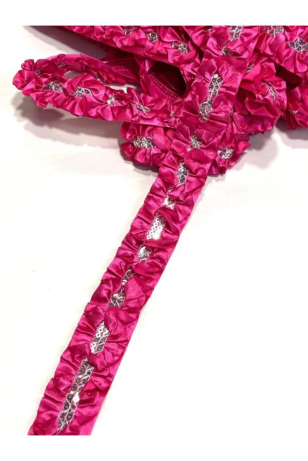 Silver Sequin Detailed Pleated Satin Ruffle Ribbon / Sewing and Embellishment Ribbon - 4 cm / 1 Meter