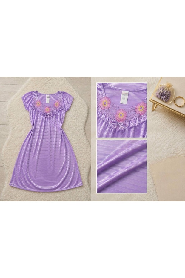 Women’s Satin Short Sleeve Nightgown with Floral Embroidery – Elegant Sleepwear