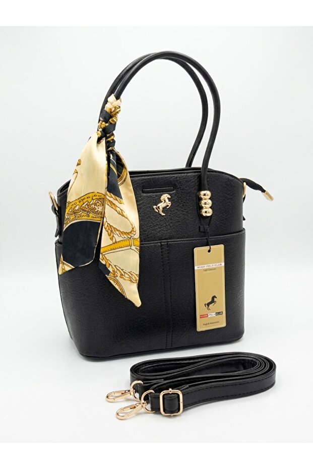 Leather-Look Multi-Compartment Hand and Shoulder Bag with Scarf Detail
