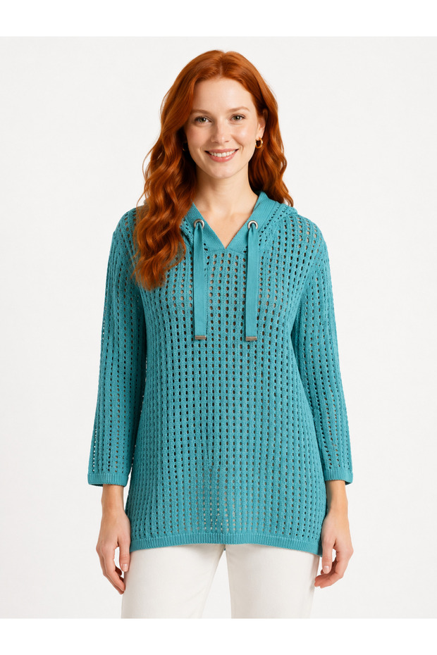 Women's Knitwear Hooded Perforated Sweatshirt Turquoise