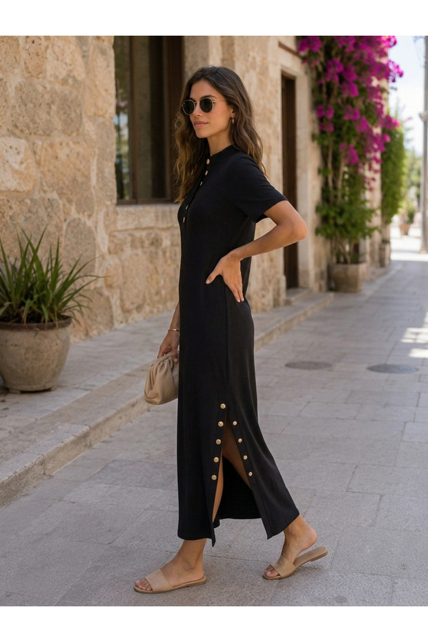 Modern and Comfortable Women's Short-Sleeved Stand Collar Modal Long Dress with Side Button Detail