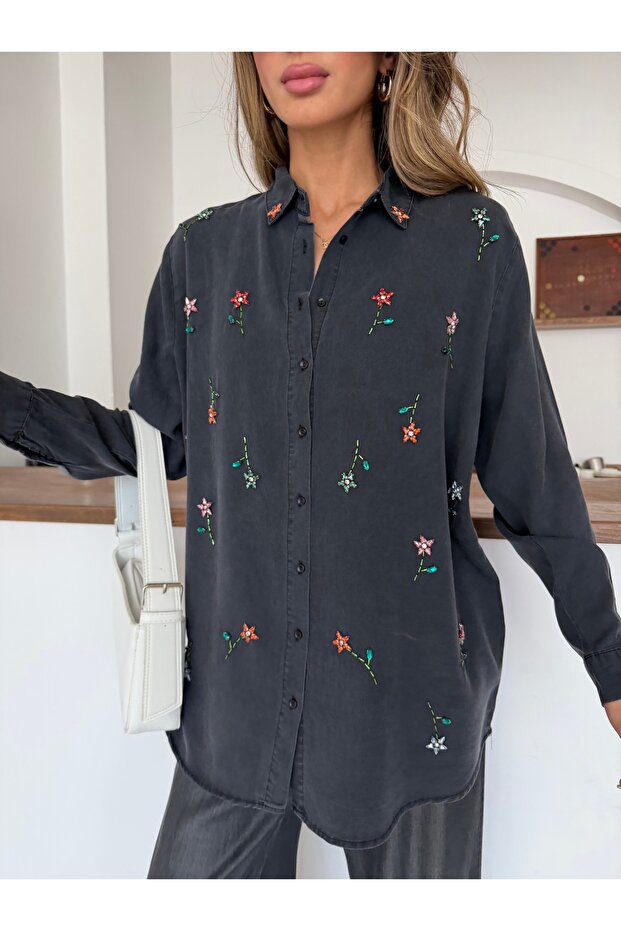 Women's Front Beaded Embroidered Denim Oversize Shirt