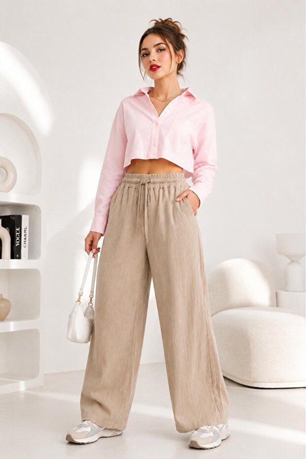 Women's Beige Muslin Wide-Legged Trousers with Pockets, Elastic Waist, Lace-Up, Comfortable Fit Pants