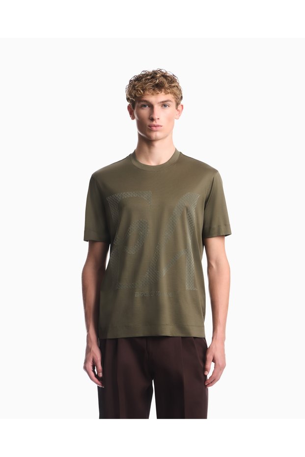 Men's Regular Fit Round Neck Large Velvet Logo Short Sleeve Khaki T-Shirt