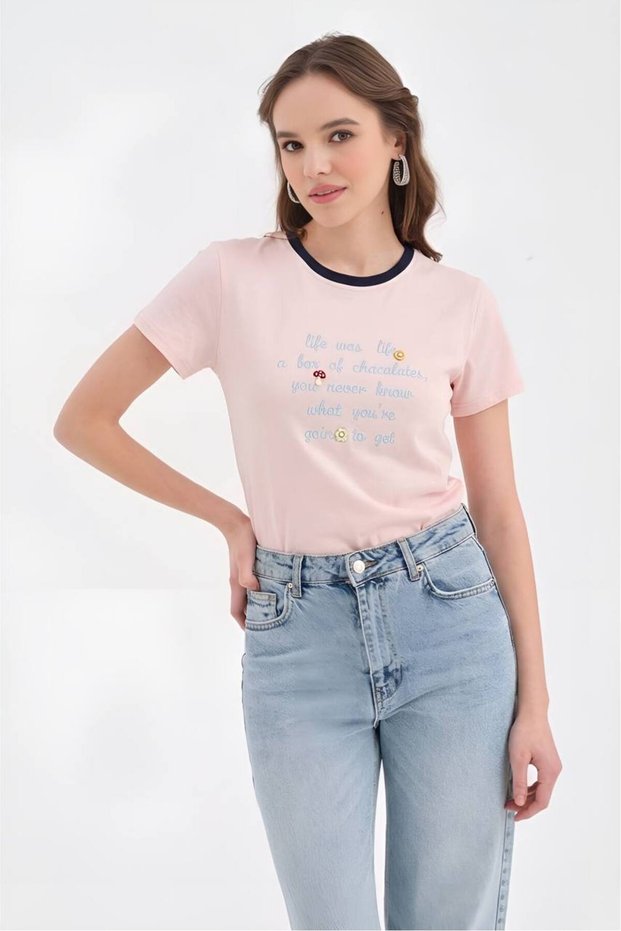 Women's 100% cotton short sleeve t-shirt with embroidered text detail on the front