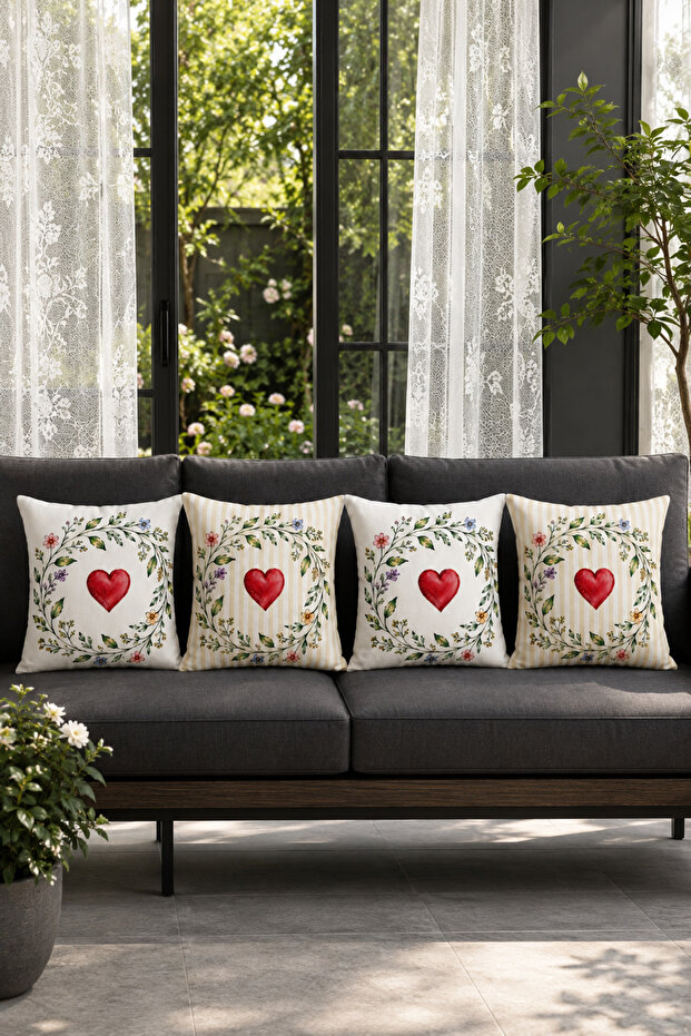 Romantic Set of 4 Decorative Cushion Covers with Red Heart Flower Wreath 43X43 cm