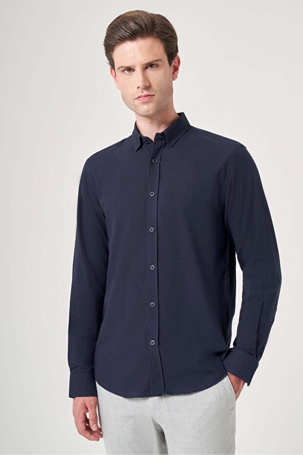 Navy Blue Collared Long Sleeve Slim Fit Cotton Shirt Without Pockets 1004260207