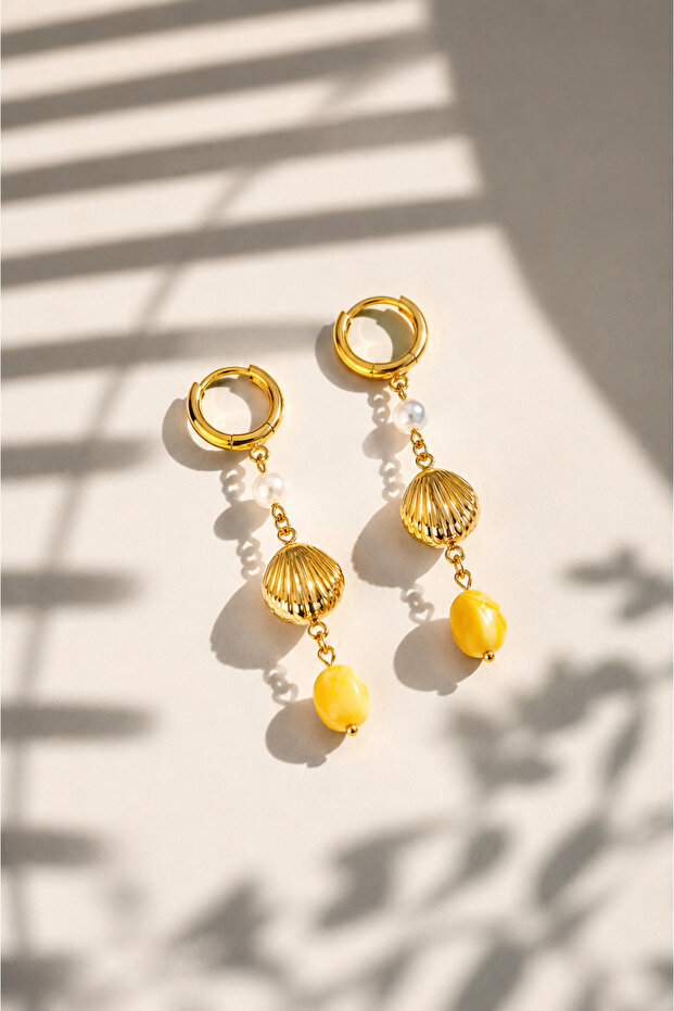 15 mm Dangle Sea Shell Steel Earrings with Yellow Stone Detail