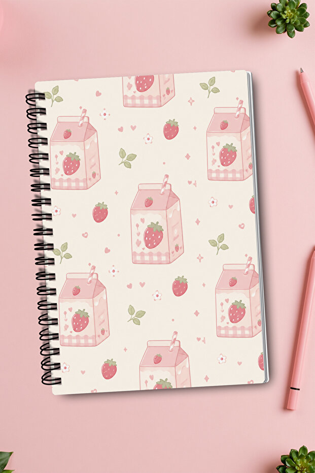 Strawberry Milk and Heart Motif A5 50 Sheets 100 Pages Spiral Lined Notebook