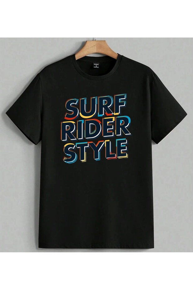 Surf Rider Style Graphic Colorful Printed Unisex Oversize T-Shirt Black