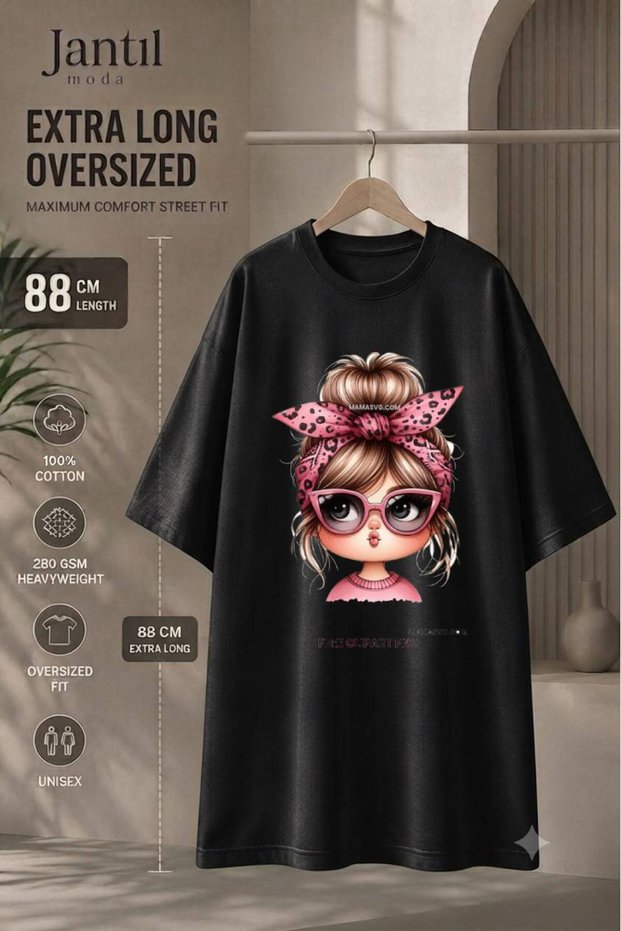 Crew Neck Extra Long Oversize Tunic T-Shirt with Glasses and Leopard Bow Girl Figure, Short Sleeve