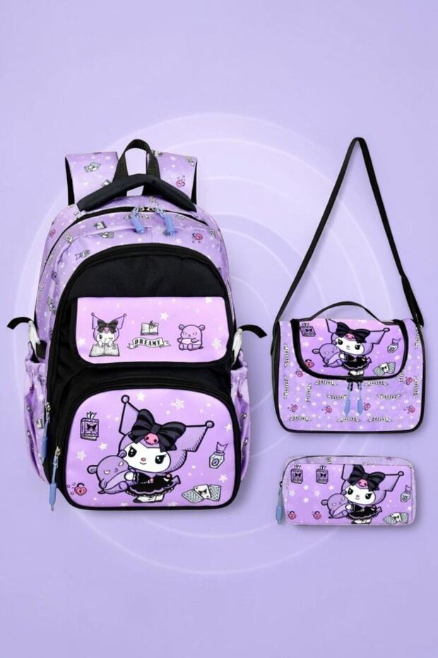 Leather Printed School Princes Kuromi Elementary School Backpack, Thermal Lunch Bag and Pencil Case 26204
