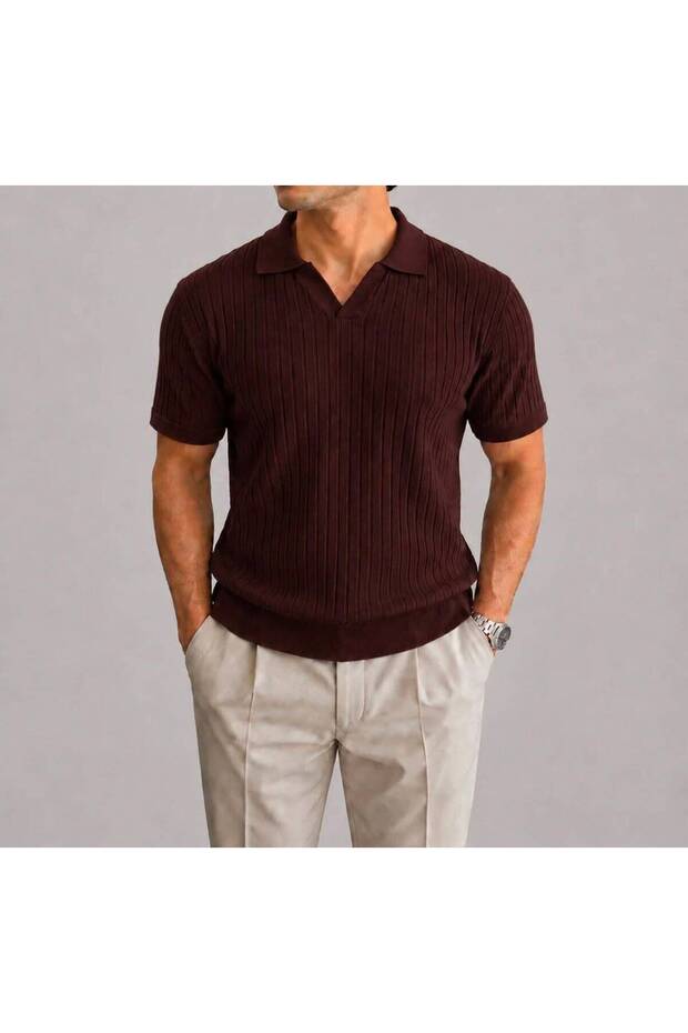 Brown Polo V-Neck Short Sleeve Men's T-Shirt