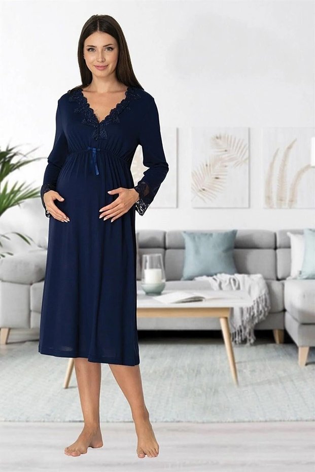 Dvina Maternity Lace Detailed Long Sleeve Nightgown - Navy Blue