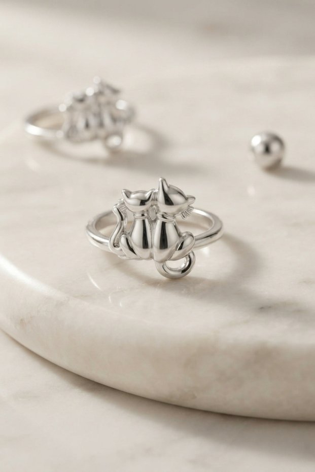 Silver Brass Cat Style Women's Ring for Elegant Fingers