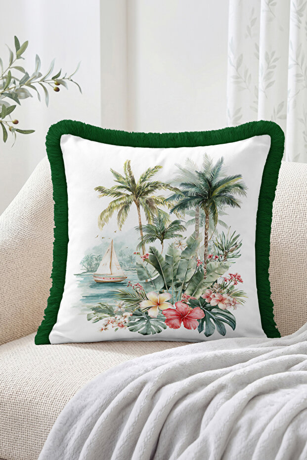 Tropical Palm, Sailboat and Floral Pattern Fringed Throw Pillow Cover - Bohemian Decorative Pillowcase